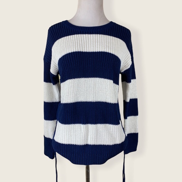 Talbots Chunky Knit Striped Sweater Navy Blue - Picture 3 of 6